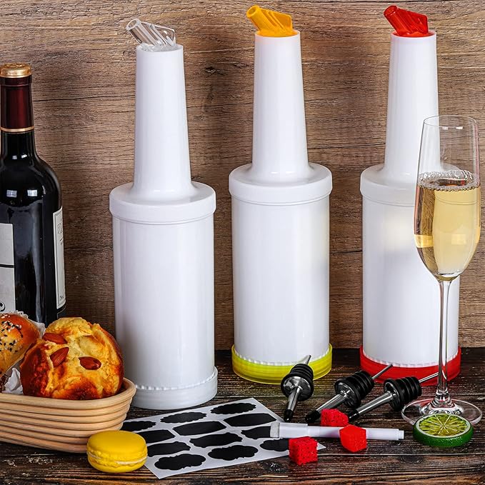 Ruisita 6 Pack 34 Oz Bar Juice Pour Bottles Plastic Bar Pour Bottles with 12 Stainless Steel Bottle Pourer Tapered Spout Fruit Juice and Liquor Containers for Bar Supplies, Multicolor