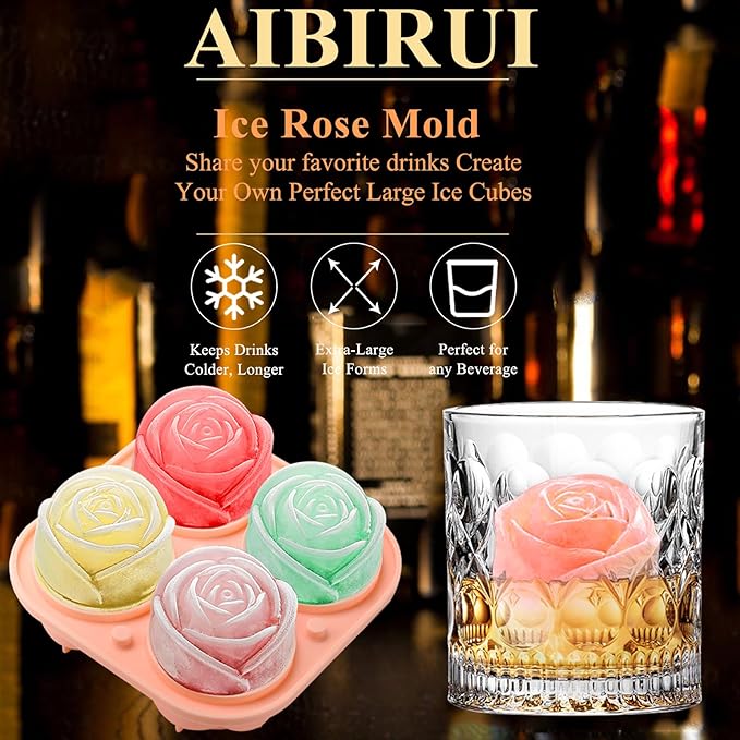 Aibirui Rose Ice Cube Mold,2" x 8 ices,Large Ice Cube Molds,Ice Cube Tray