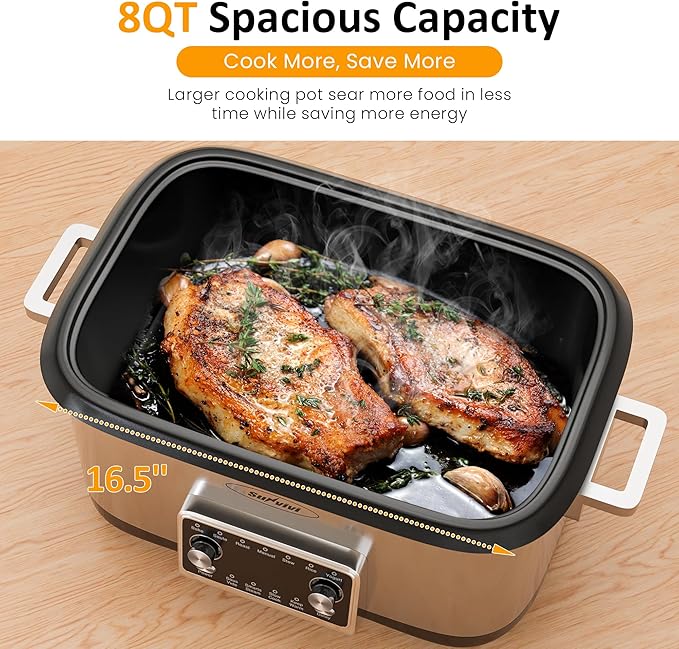 Sunvivi 8 Quart Slow Cooker Roaster Oven, 12 in 1 Programmable Multi-Cooker with Digital Timer, Temp Control, Keep Warm, Removable Non-stick Aluminum Pot & Dishwasher-Safe Glass Lid, Stainless Steel