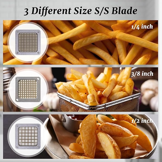 Hakka French Fry Cutter, Commercial Vegetable Chopper Potato Slicer Stainless Steel French Fries Machine with Suction Feet for Patatoes/Carrots/Cucumbers, including 3 Blades(1/4", 3/8",1/2")