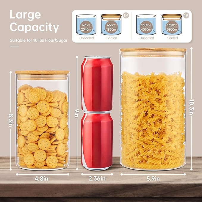 Large Glass Storage Containers with Bamboo Lids for Flour & Sugar, 2 Pack