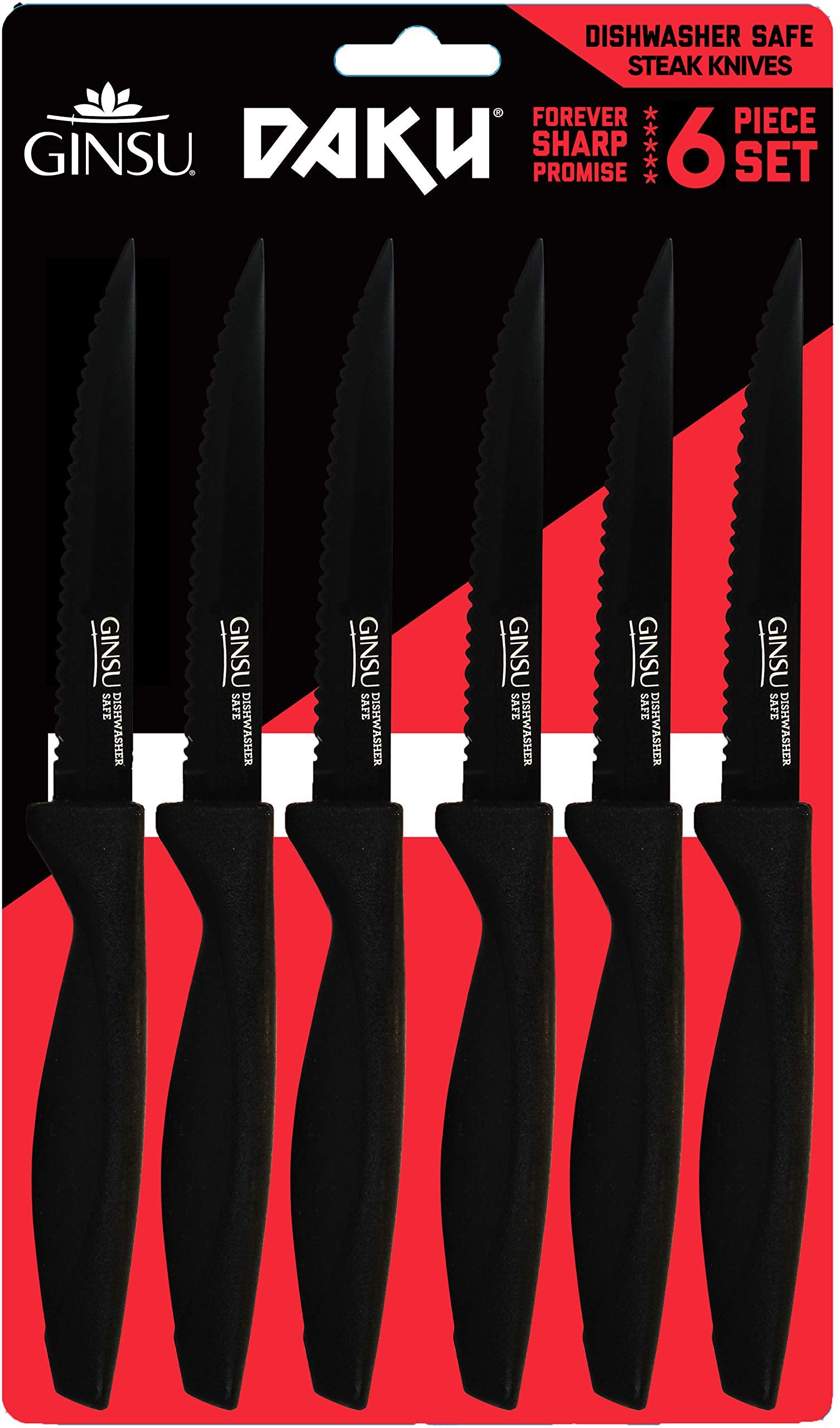 GINSU Daku 6-Piece Steak Kitchen Knife Set - Dishwasher Safe and Always Sharp, Perfect for Any Steak Lover – Practical Table Knives - Black
