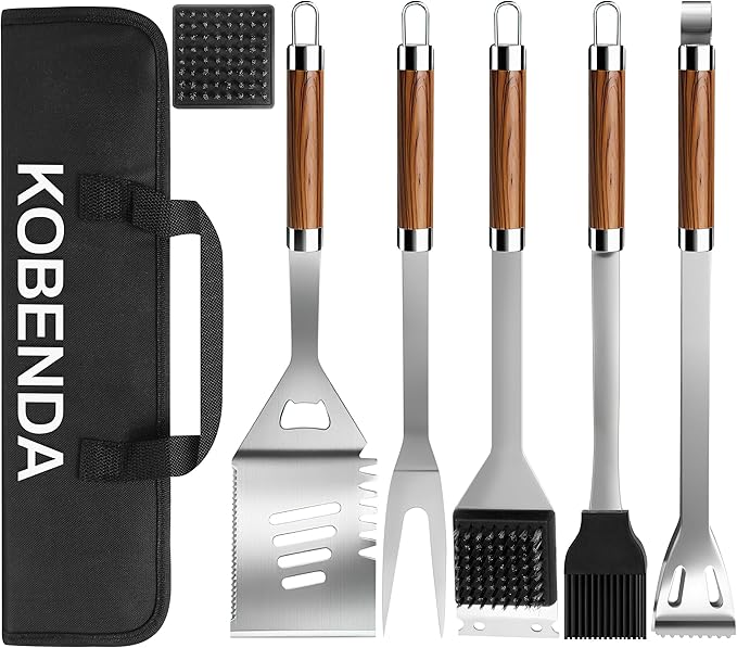 KOBENDA BBQ Grill Accessories, Stainless Steel Grilling Set with Storage Bag, Spatula, Fork, Cleaning Brush BBQ Accessories, Grill Tools Set for Outdoor Cooking Camping, Grilling Gifts for Men