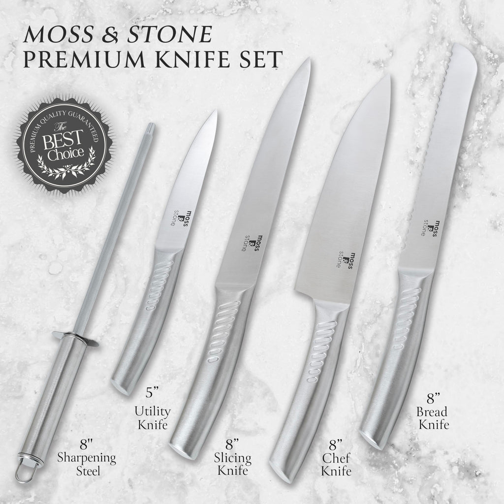Moss & Stone Small 6 Pcs Kitchen Knife Set with Block, Stainless Steel