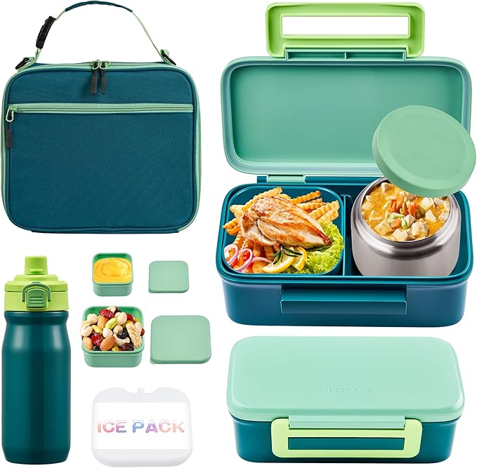 JXXM Bento Lunch Box for Kids With 8oz Thermo, Leakproof Bento Box with with 2 Compartments, Insulated Bottle, Lunch Bag