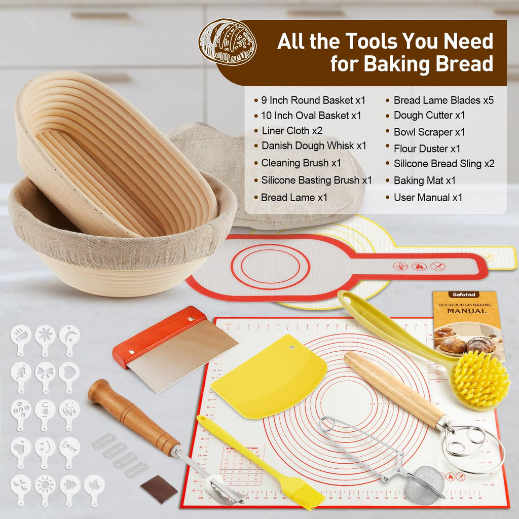Banneton Bread Proofing Basket, Round and Oval Sourdough Starter Kit with Two Bread Slings and 27×19in Silicone Baking Mat Bread Making Tools Set, Gift for Family Lovers or Friends