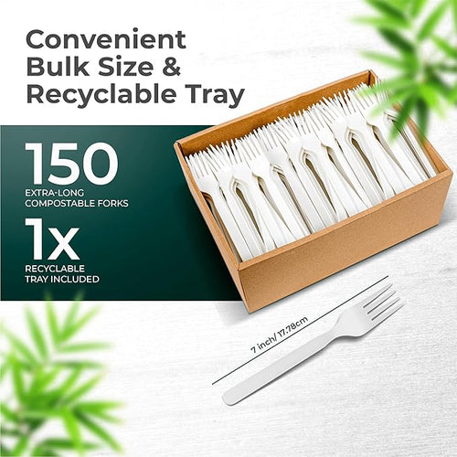 100% Compostable Forks 150 Large biodegradable Disposable Compostable Cutlery Silverware Utensils durable and heat resistant alternative to plastic forks with convenient tray by KOALALOVE