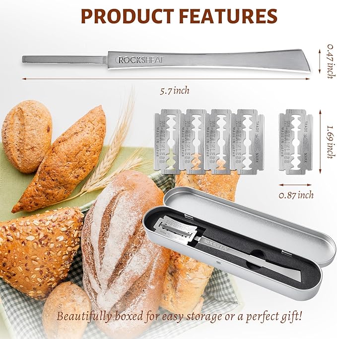 ROCKSHEAT Bread Lame Dough Scoring Tool, Stainless Steel Scoring Knife with 5 Feather Blades, Sourdough Scoring Tool for Bread Baking, Baking Tool for Baking Beginners