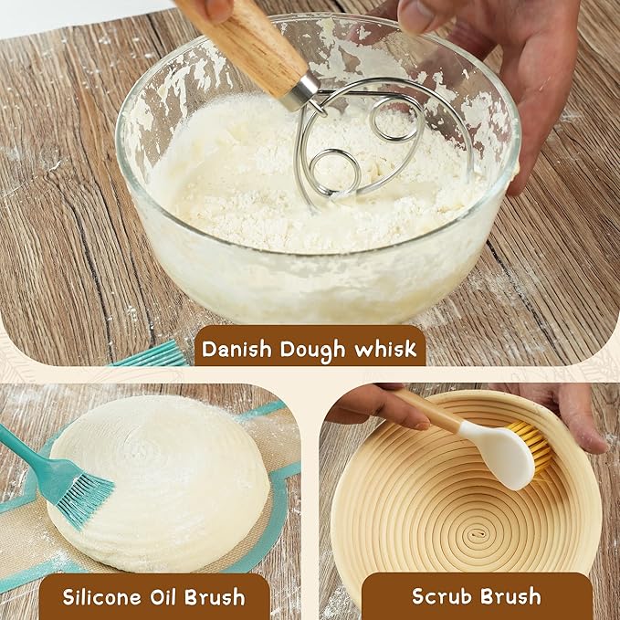 2 Pack 10-Inch Oval Banneton Proofing Basket Set, Sourdough Making Kit, Brotform for Artisan Bread, Includes Danish Dough Whisk, Scoring Lame, Scrapers, Sling & Cleaning Brush