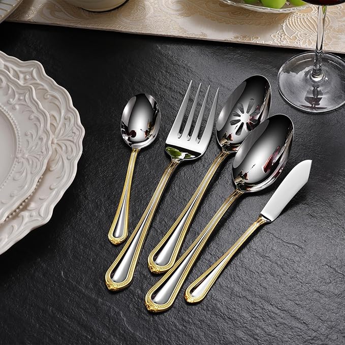 KEAWELL Premium Pearl Edge 20/45/65-Piece Silverware Set (45, Gold Accent)