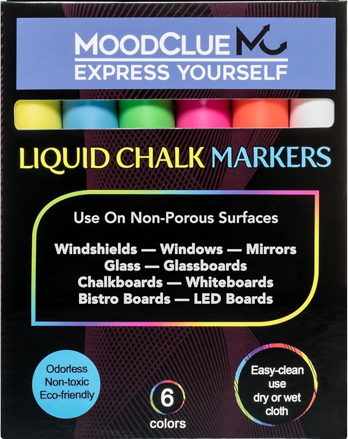 MoodClue Liquid chalk markers washable, erasable, dry or wet erase. 6 neon markers for whiteboards, glass boards, mirrors, chalkboards, windows, car windshields, glass. Non-toxic, reverse tip pens