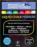MoodClue Liquid chalk markers washable, erasable, dry or wet erase. 6 neon markers for whiteboards, glass boards, mirrors, chalkboards, windows, car windshields, glass. Non-toxic, reverse tip pens