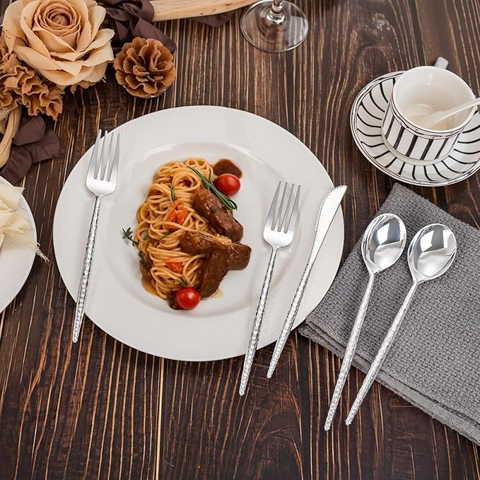 Rubtlamp 90Pcs Silver Plastic Silverware, Hammered Disposable Silverware,Silver Plastic Forks And Spoons, Fancy Plastic Cultery Include 30 Forks, 30 Knives And 30 Spoons for Party