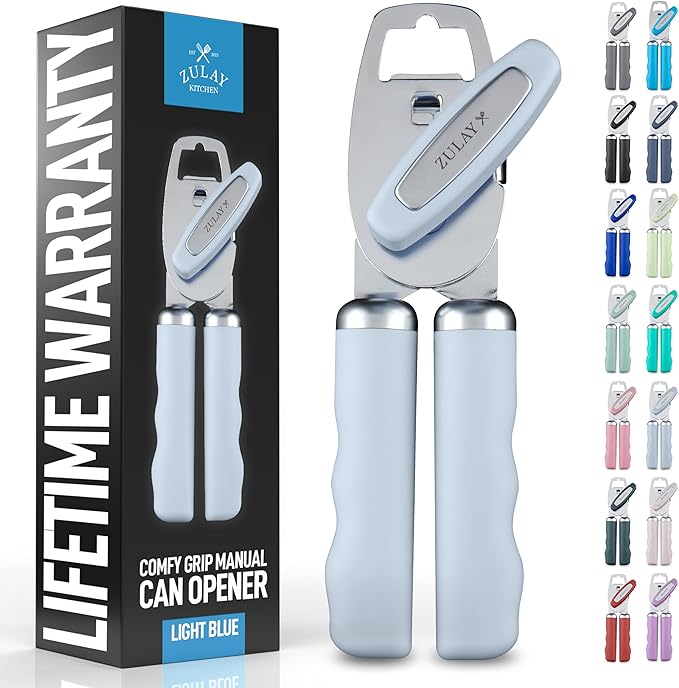 Zulay Kitchen Heavy Duty Stainless Steel Can Opener Manual with Bottle Opener - Rust Proof Manual Can Opener With Turn Knob & Comfy Soft Grip Handles - Light Blue