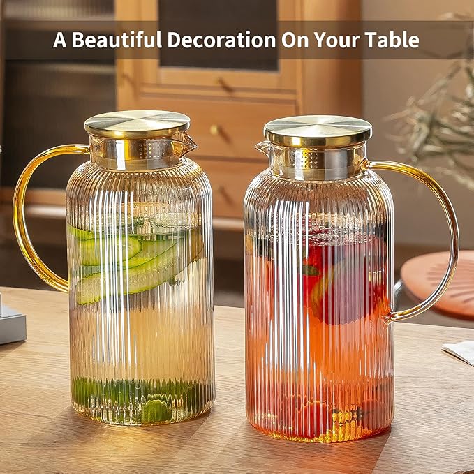 Buaic Glass Pitcher with Lid, 68 oz/ 2L Amber Glass Water Pitcher