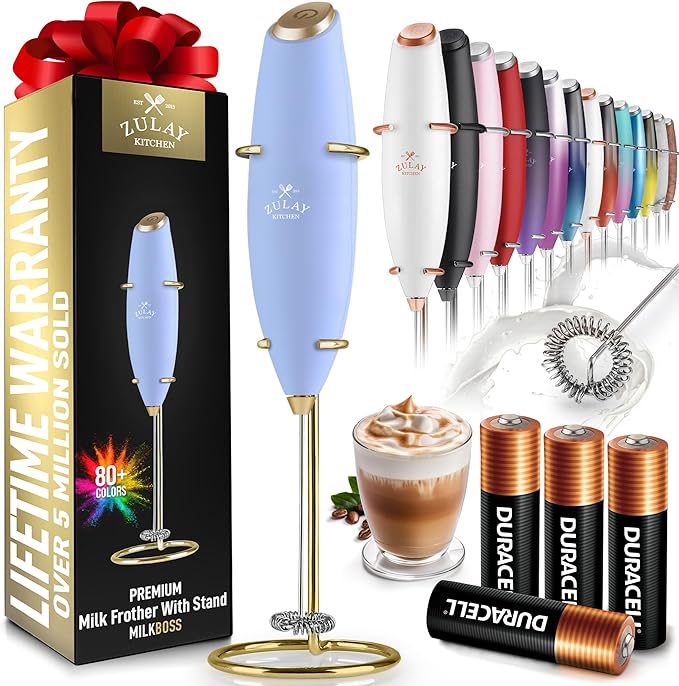 Zulay Kitchen Powerful Milk Frother Wand With Duracell Batteries - Ultra Fast Handheld Drink Mixer - Electric Whisk Foam Maker for Coffee, Lattes, Cappuccino & Matcha - Z1 Motor - Blue & Gold