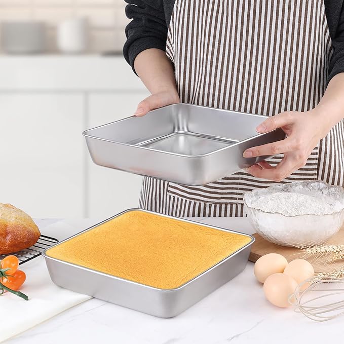 LIANYU 3 PCS 9 x 9 Inch Square Baking Cake Pan, Stainless Steel Cake Molds