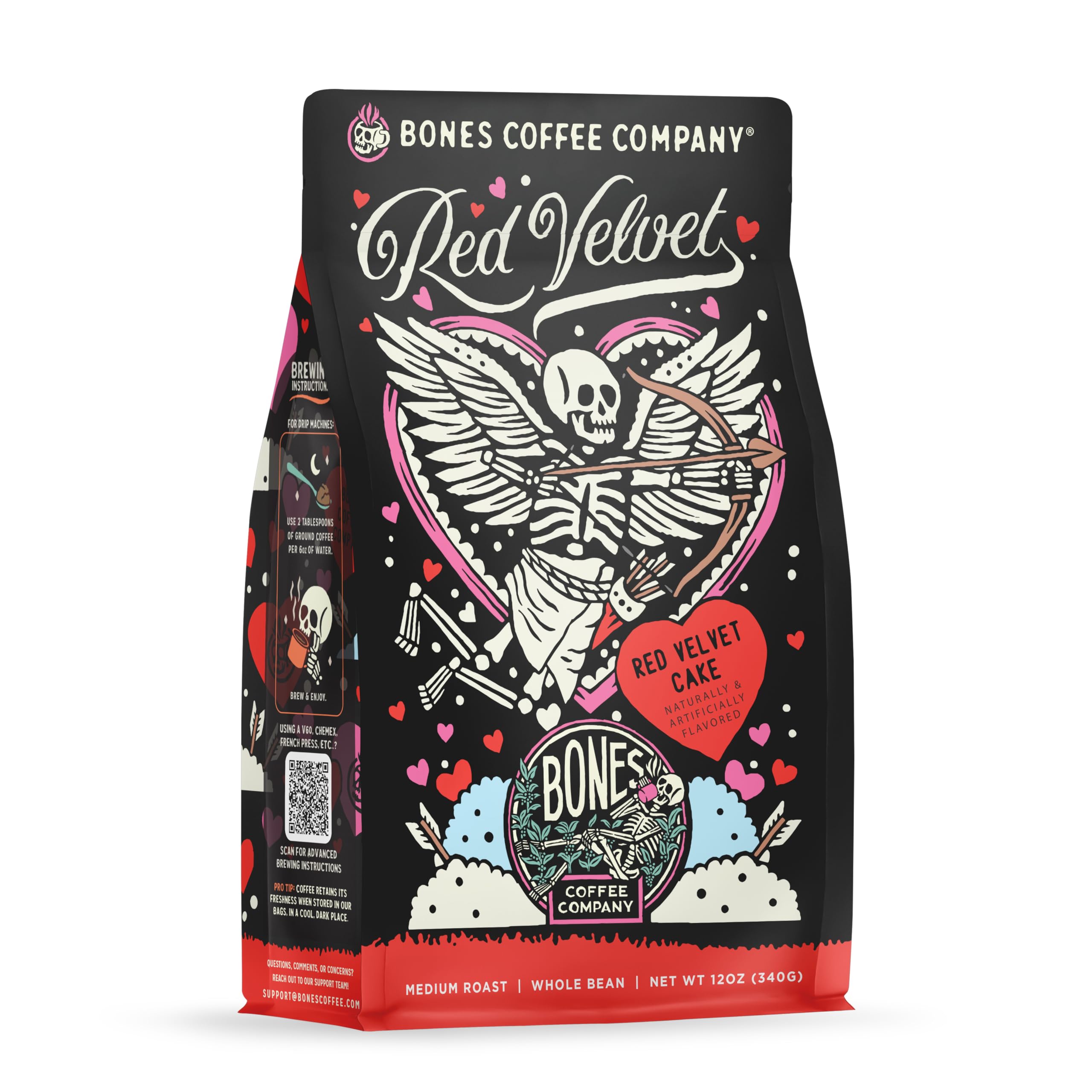 Bones Coffee Company Red Velvet, Red Velvet Cake Flavored Coffee, Medium Roast Low Acid Arabica Beans Compatible with Auto drip and French Press Coffee Maker, 12 Oz Whole Bean