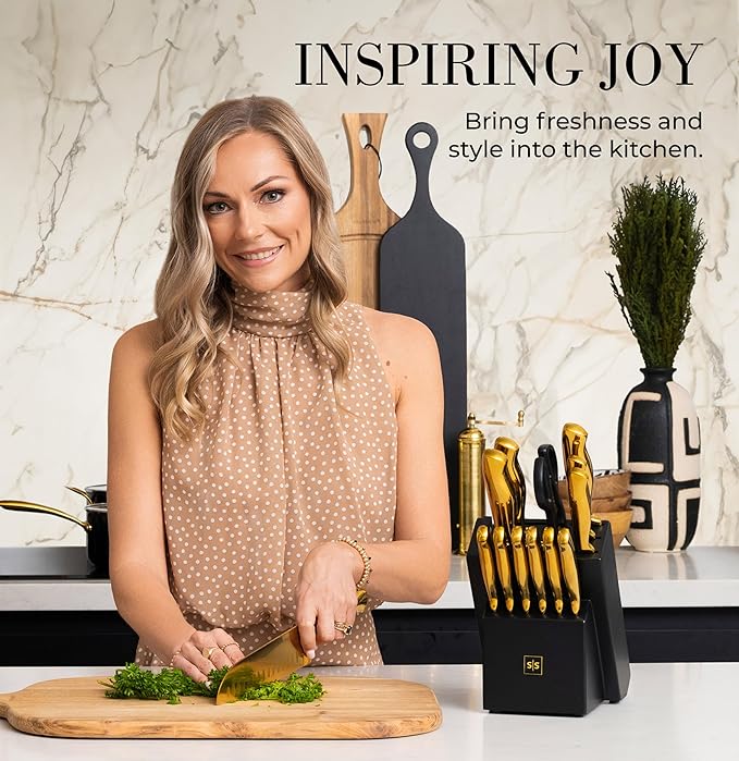 Styled Settings Gold Knife Set with Block and Built-In Sharpener, 14-Piece