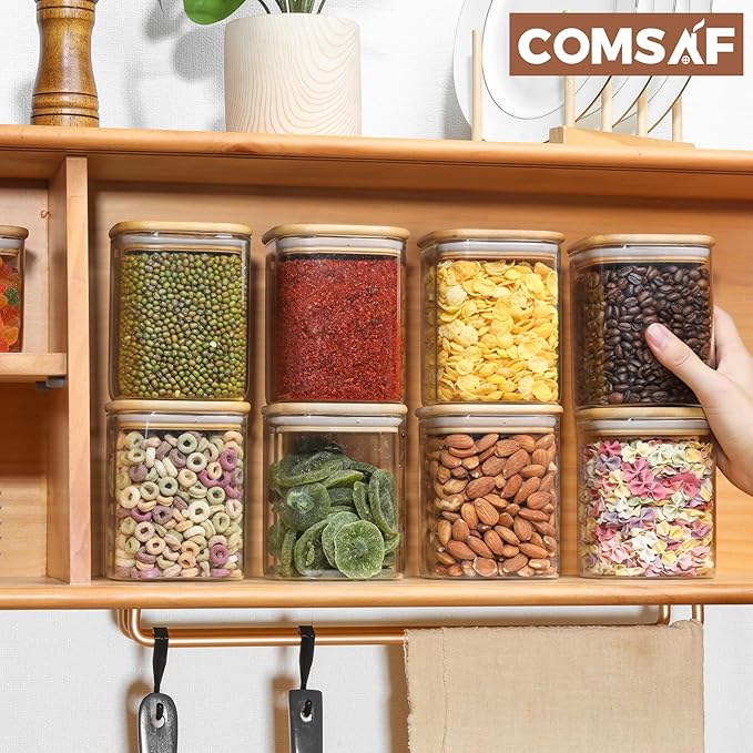 ComSaf Glass Jars with Bamboo Lids 0.8 Qt, Set Of 6 Pantry Galss Jars