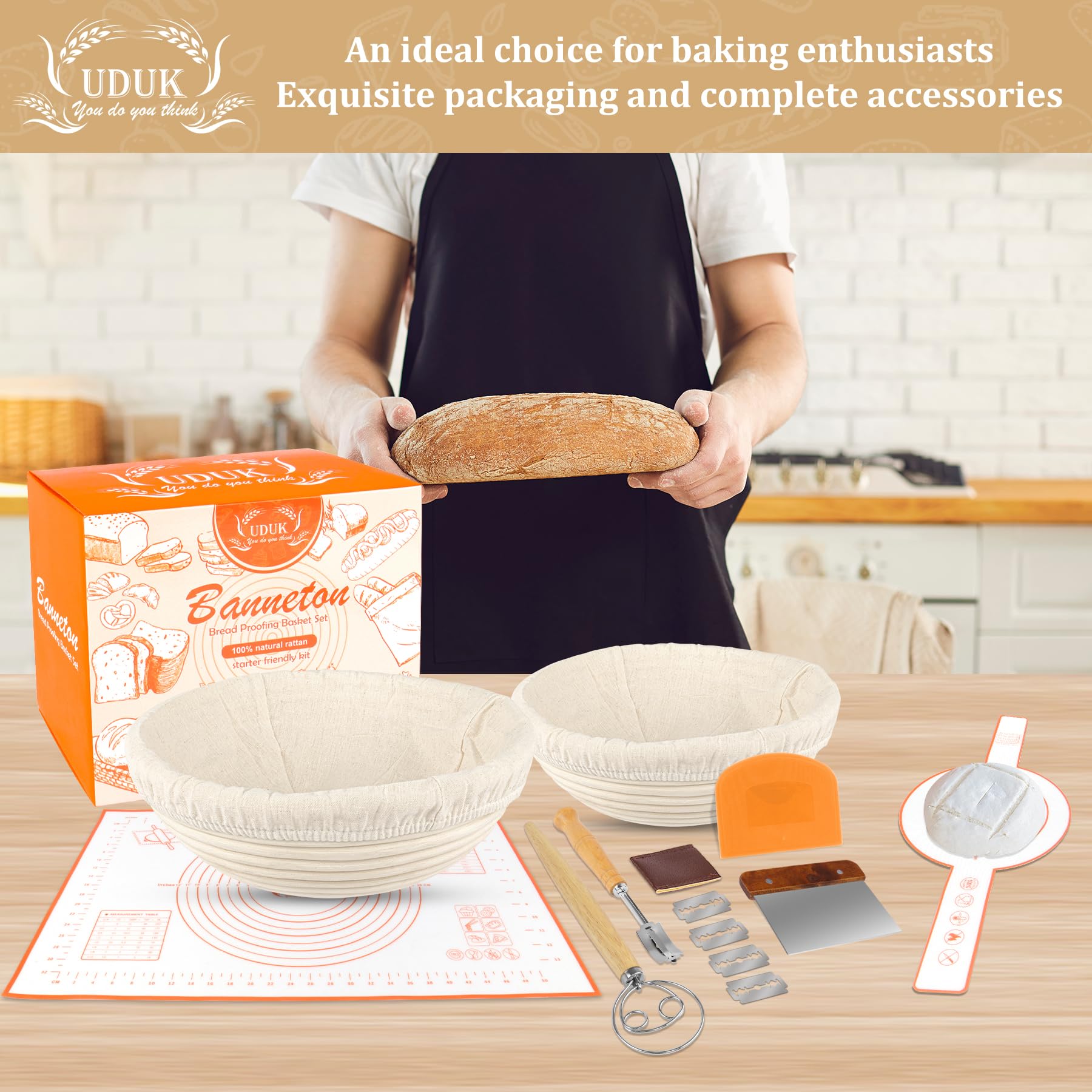 UDUK Sourdough Baking Kit, 10" & 9.6" Round Banneton Basket Set