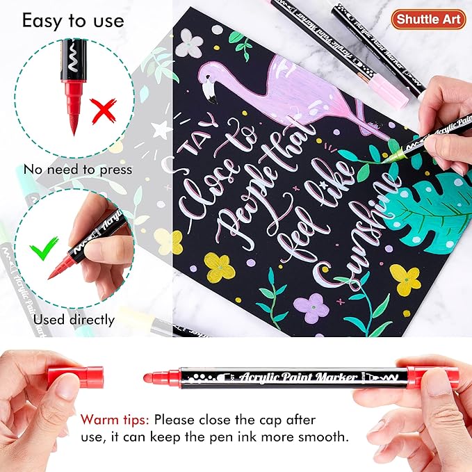 Shuttle Art 36 Colors Dual Tip Acrylic Paint Markers, Brush Tip and Dot Tip Acrylic Paint Pens for Rock Painting, Ceramic, Wood, Canvas, Plastic, Glass, Stone, Calligraphy, Card, DIY Football Crafts