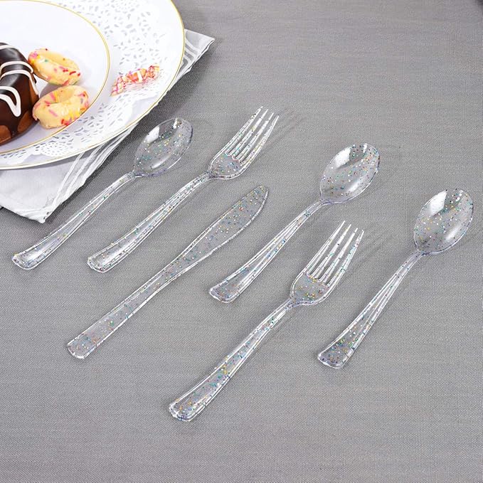 Supernal 360pcs Clear Glitter Plastic Silverware, Color Disposable Cutlery