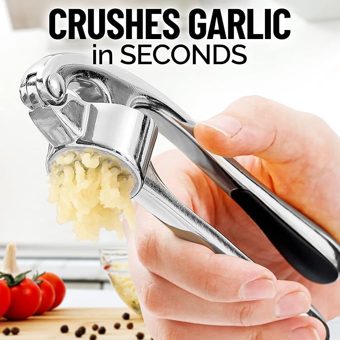 Zulay Kitchen Premium Garlic Press Set - Rust Proof Professional Garlic Mincer Tool - Easy-Squeeze, Easy-Clean with Soft, Ergonomic Handle - Silicone Garlic Peeler & Brush (Chrome)