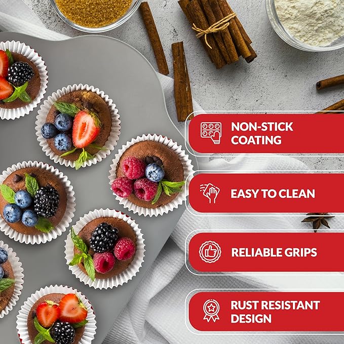 Boxiki Kitchen Non-Stick 12 Cup Silicone Muffin Pan with Steel Frame - BPA Free, Non-Toxic, Anti-Warp, Durable & Easy to Pop Silicone Muffin Tin - Perfect Cupcake Pan