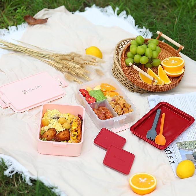 linoroso Stackable 2-Tier Adult Bento Box, 4 Compartments - Frozen Berry