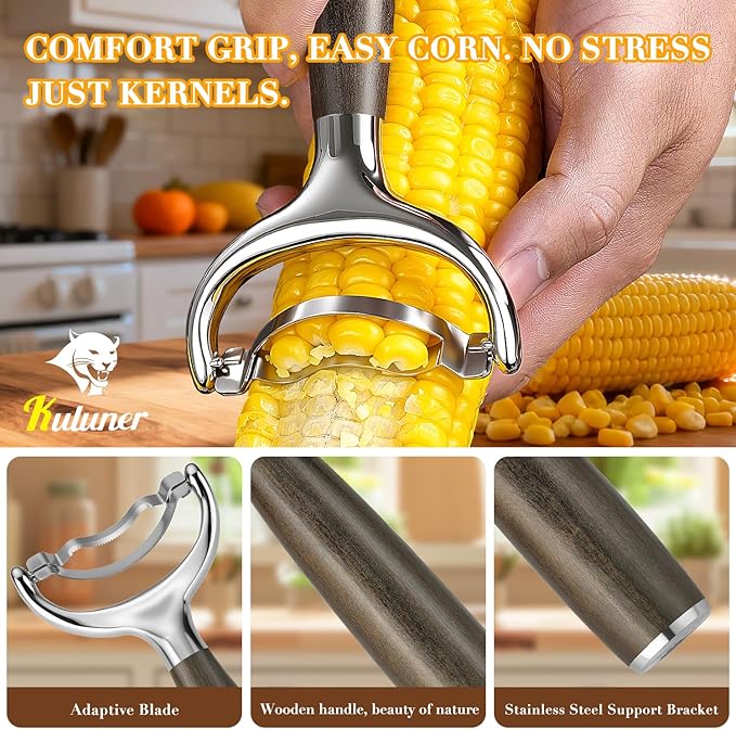 KULUNER Corn Peeler with Chacate Preto Ebony Wood Handle - Sharp 304 Stainless Steel Blade, Smooth Corn Kernel Cutter for Kitchen, Meal Prep, Gift for Cooking Lovers (Chacate Preto)