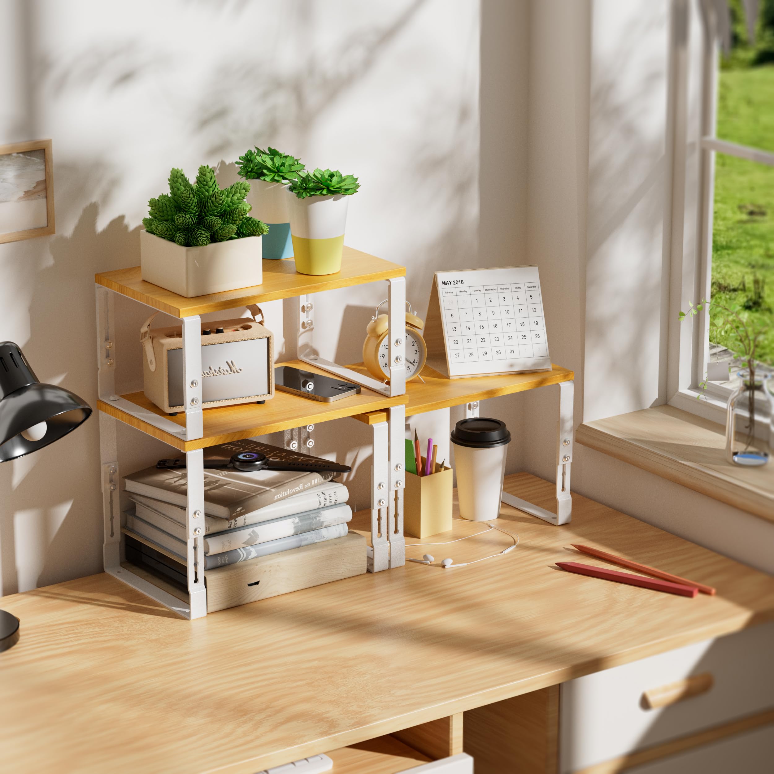 Wobmmi Kitchen Cabinet Organization Shelf，Set of 2 Height Adjustable Storage Racks，Stackable，Expandable，Countertop Shelves Organizer，Pantry Shelving（2PACKS/Medium/White