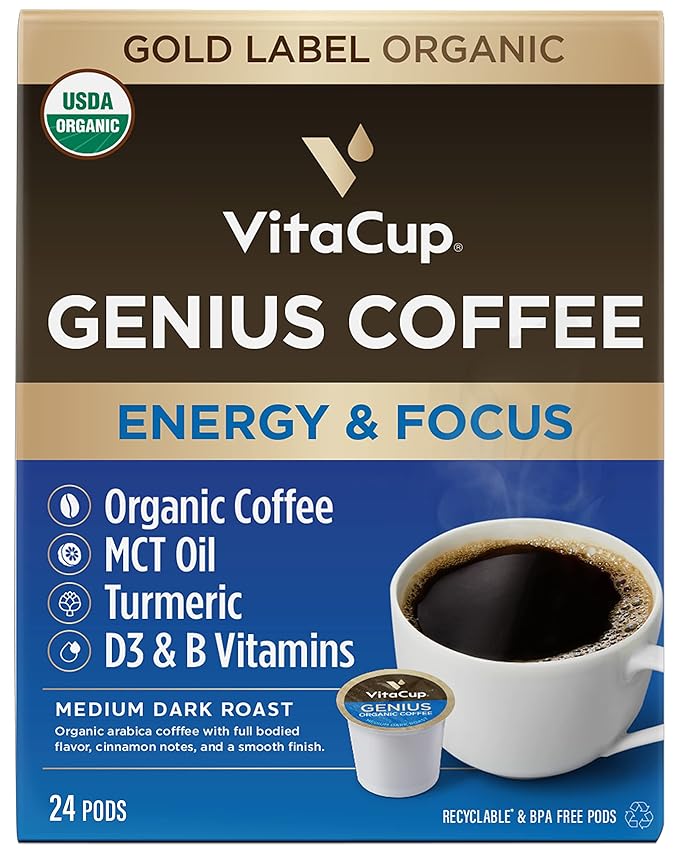 VitaCup Organic Genius Keto Medium Dark Roast Coffee Pods, 24ct