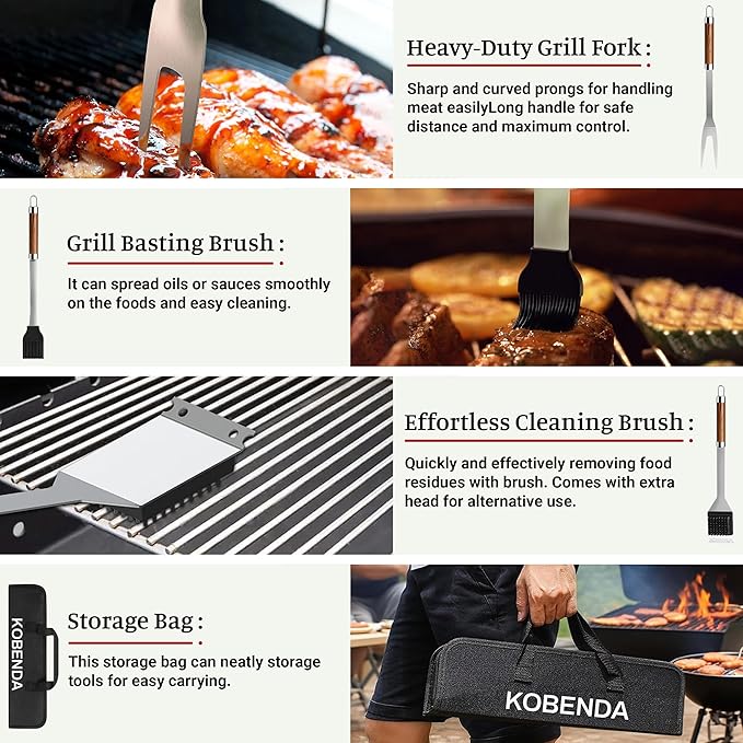 KOBENDA BBQ Grill Accessories, Stainless Steel Grilling Set with Storage Bag, Spatula, Fork, Cleaning Brush BBQ Accessories, Grill Tools Set for Outdoor Cooking Camping, Grilling Gifts for Men