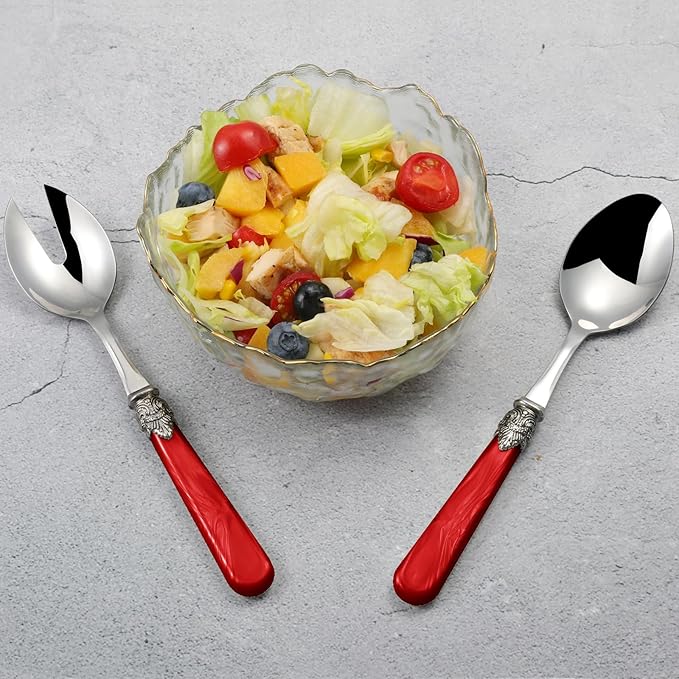 CATHYLIN 2-piece Salad Servers Stainless Steel Salad Serving Set Salad Fork and Spoon (Red)
