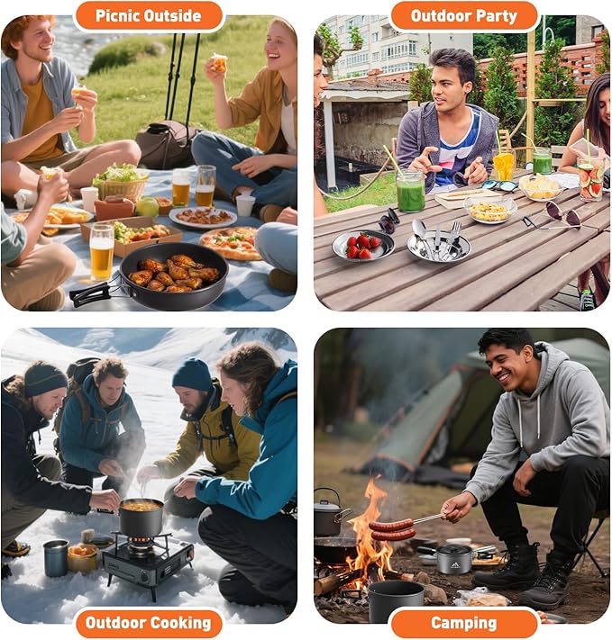 27pcs Camping Cooking set for 2-4 People, Portable Cookware Set with Kettle, Pots & Pans, Stainless Steel Utensils, Plates, Dishware for Backpacking, Picnic, Outdoor Adventures