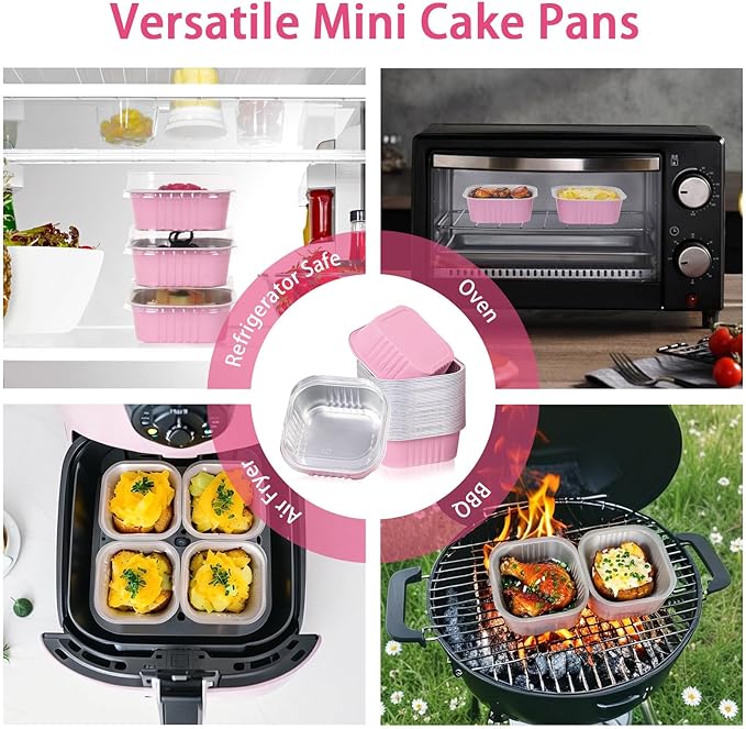 FORBFAN 150 Pack 10 oz Mini Cake Pans with Lids & Spoons, Pink Foil Square Dessert Cups, Disposable Baking Tins for Party, Catering, Gifting & Small Bakery