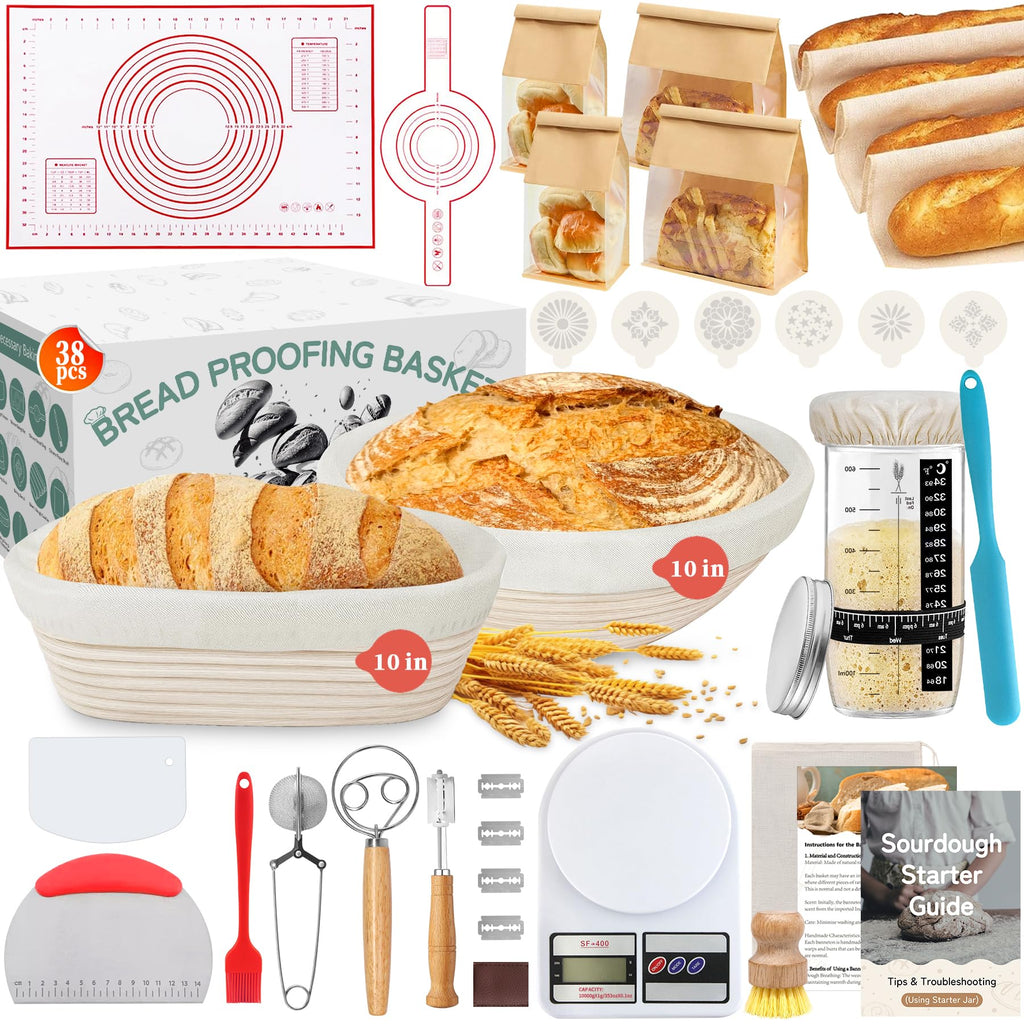 Aliggbent 38Pcs Sourdough Starter Kit, Rattan Banneton Proofing Baskets Jar