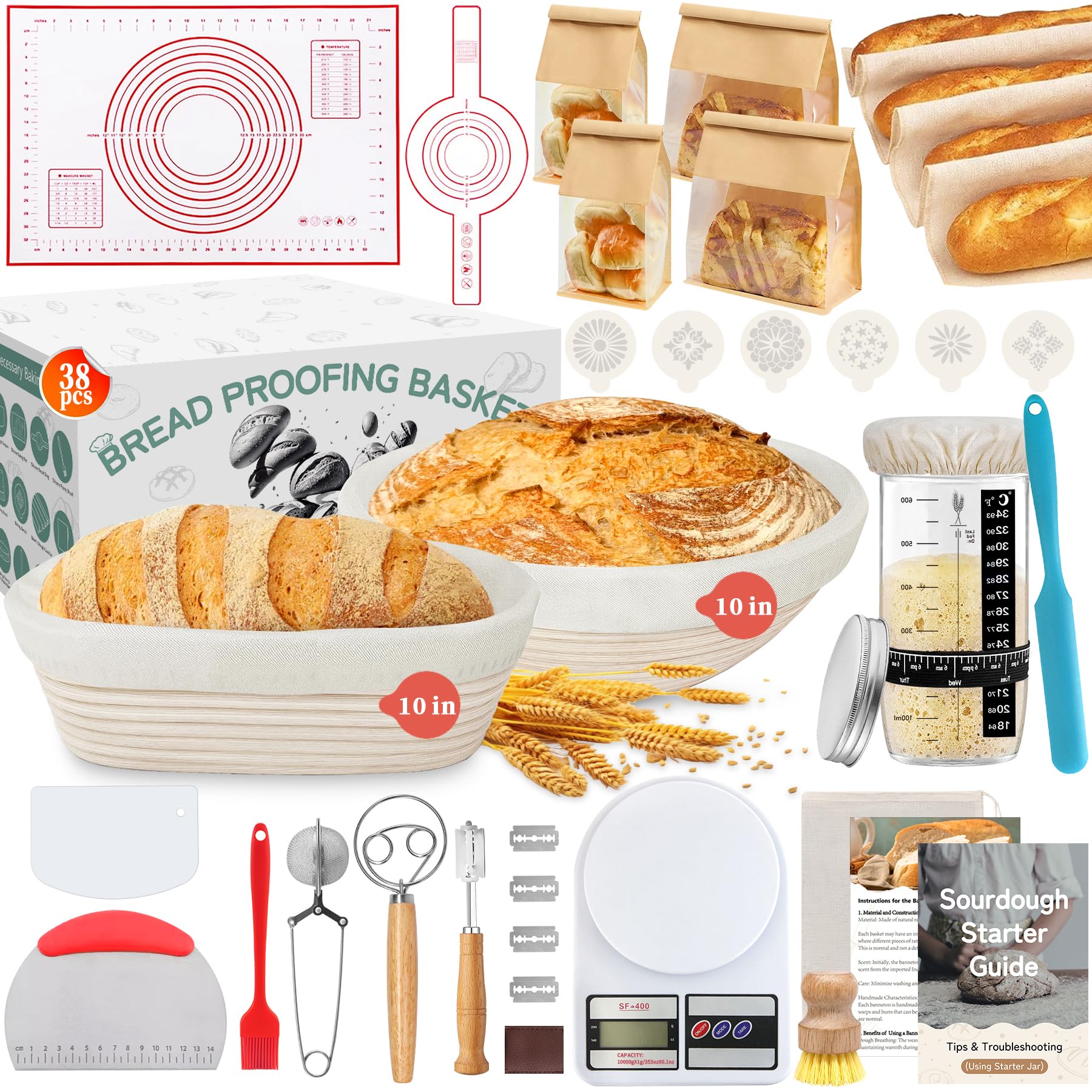 Aliggbent 38Pcs Sourdough Starter Kit, Rattan Banneton Proofing Baskets Jar