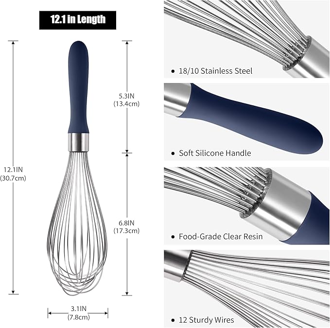Doosu 18/8 Stainless Steel Balloon Whisk for Cooking (12 Wires, Navy Blue)