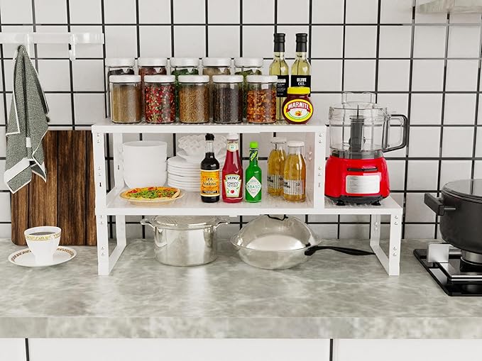 Jojocross Adjustable Expanable Stackable Spice Rack Shelf Pantry Storage Organizer for Kitchen Cabinet,Countertop,Bathroom and More.Space is no Longer Limited(1Pack/White/Large)