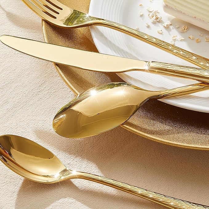 65 Piece Gold Silverware Set with Serving Utensils, 18/10 Stainless Steel