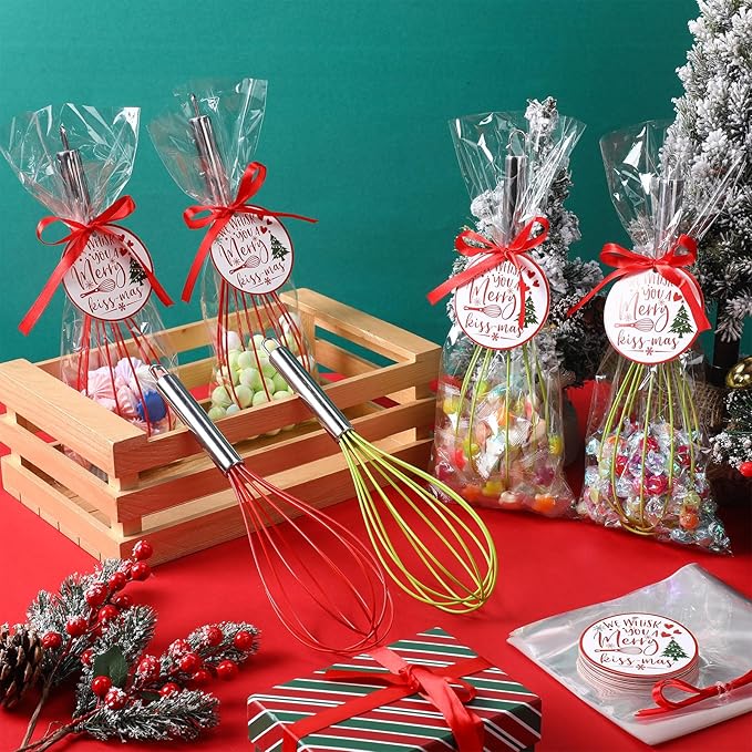 FoldTier 36 Sets 12 Inch Christmas Whisks Gifts DIY Fillable Christmas Tree Ornaments Xmas Colored Silicone Whisks for Cooking Heat Resistant Egg Beaters with Card Rope Bag for Candy Holder