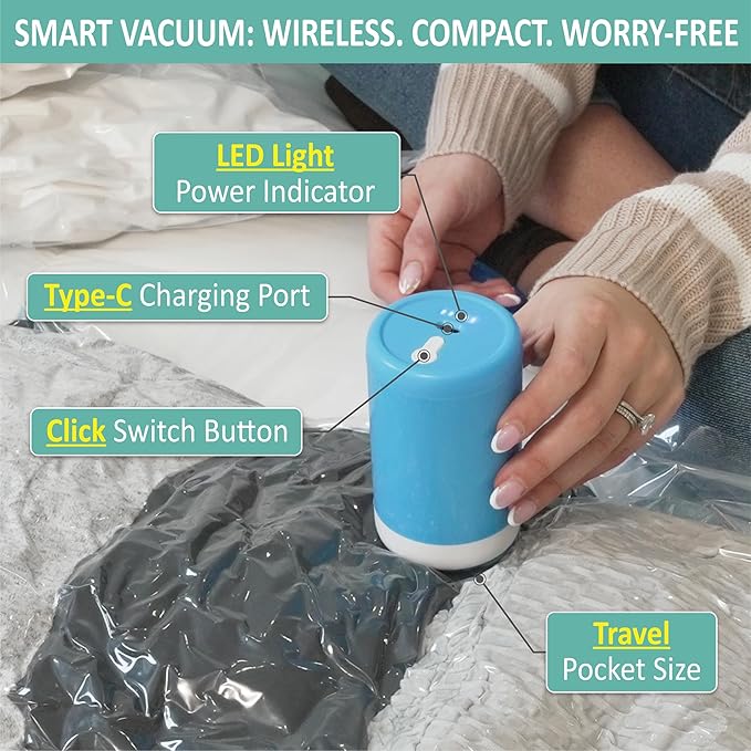 Cozy Essential Travel Vacuum Storage Bags with Rechargeable Cordless USB Pump, Space Saver Bags for Luggage, Suitcase, Carry-On, for Clothes, Blankets, Bedding & Seasonal Storage,8 Combo