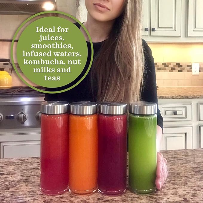 16oz Juice Bottles, Wide Mouth Glass Water Bottles & Stainless Steel Lids