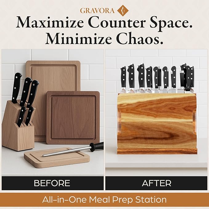3 in 1 Magnetic Knife Block Stand, 14"x10" Cutting Board, Knife Sharpener - Wooden Magnetic Knife Holder - Acacia Display Holder Double Sided Storage Rack Magnets for Knives - No Assembly Required
