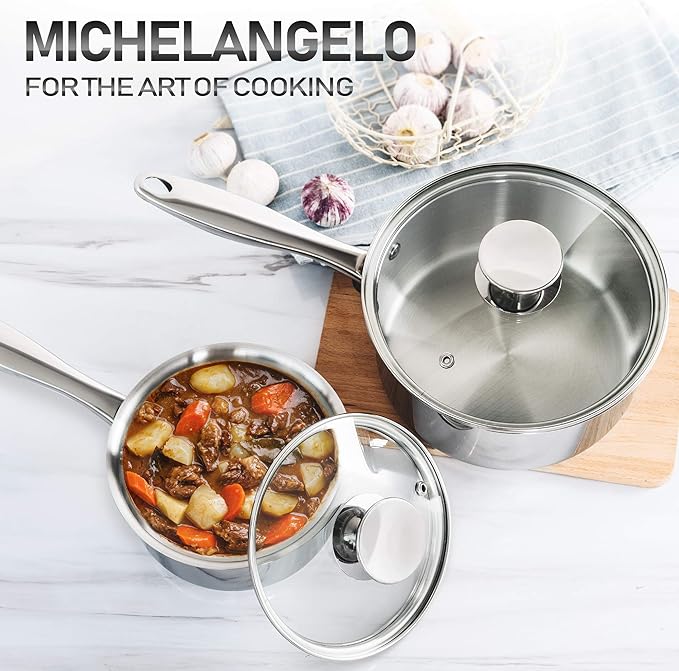 MICHELANGELO Stainless Steel Saucepan Set 1Qt & 2Qt, 18/10 Stainless Steel Pot Set, Induction Saucepan with Glass Lid, Dishwasher & Oven Safe (No Coating & Non-toxic)