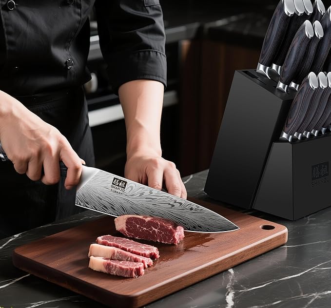 SHAN ZU 16 Pieces Knife Set, Knife Block Set in Powder Steel