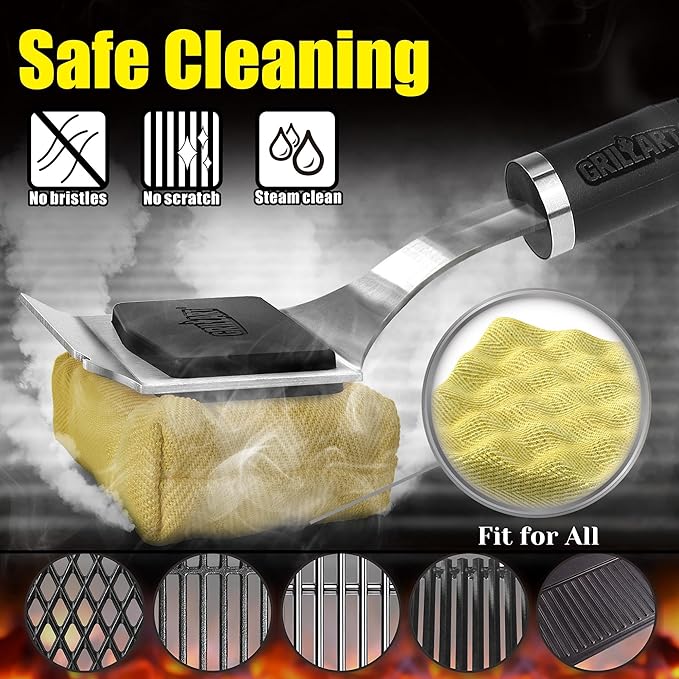 GRILLART Grill Brush Bristle Free Safe Steam Cleaning Tool, Replaceable Head for Any Grate Type - 17” Long Handle w/One-Fit-All Scraper - BBQ Accessories Cleaner for Outdoor Grill - Gifts for Men/Dad