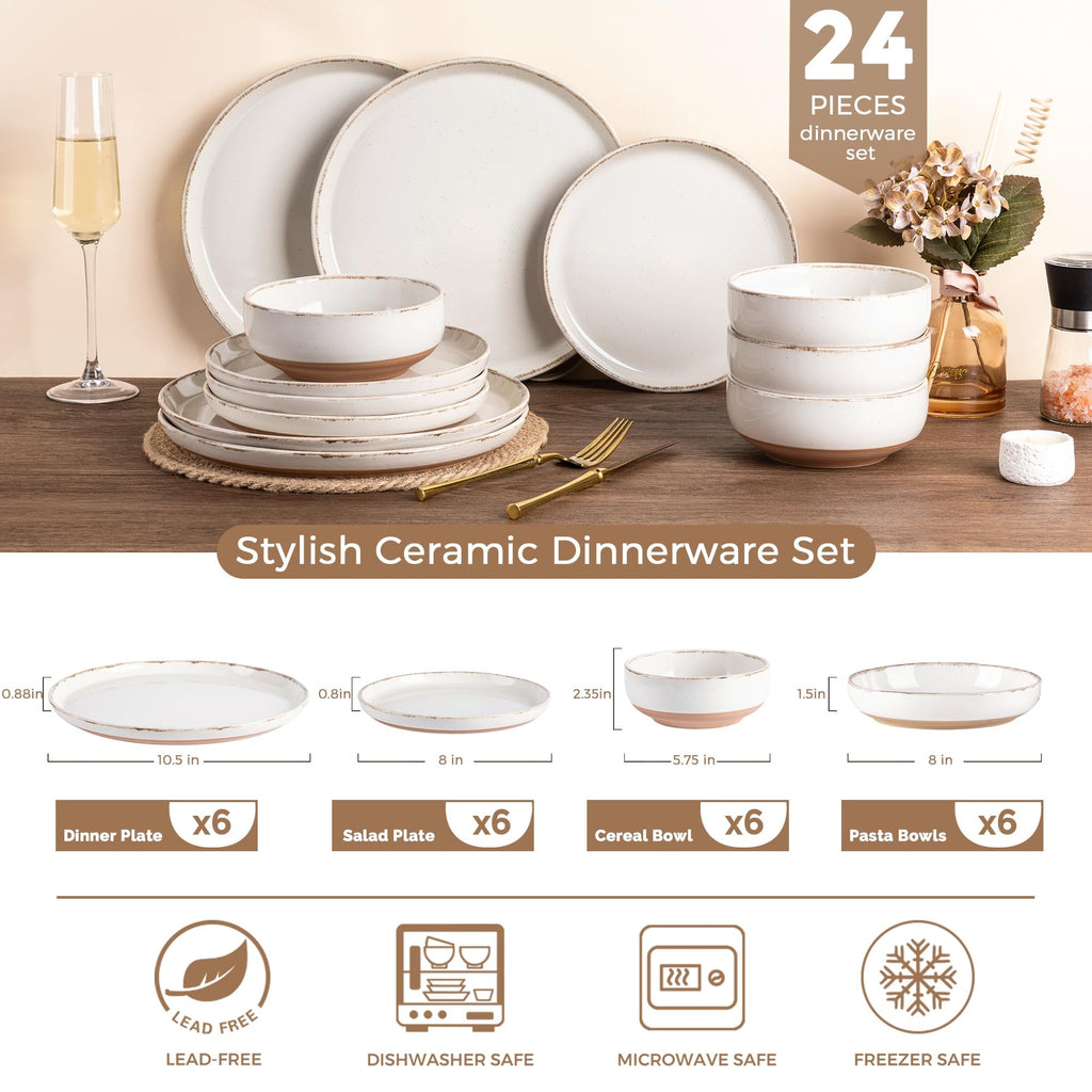 AmorArc Dinnerware Sets for 6, 24 Pieces Ceramic Plates and Bowls Set